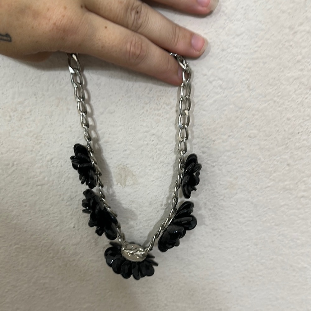 Black Floral Silver Chain Necklace